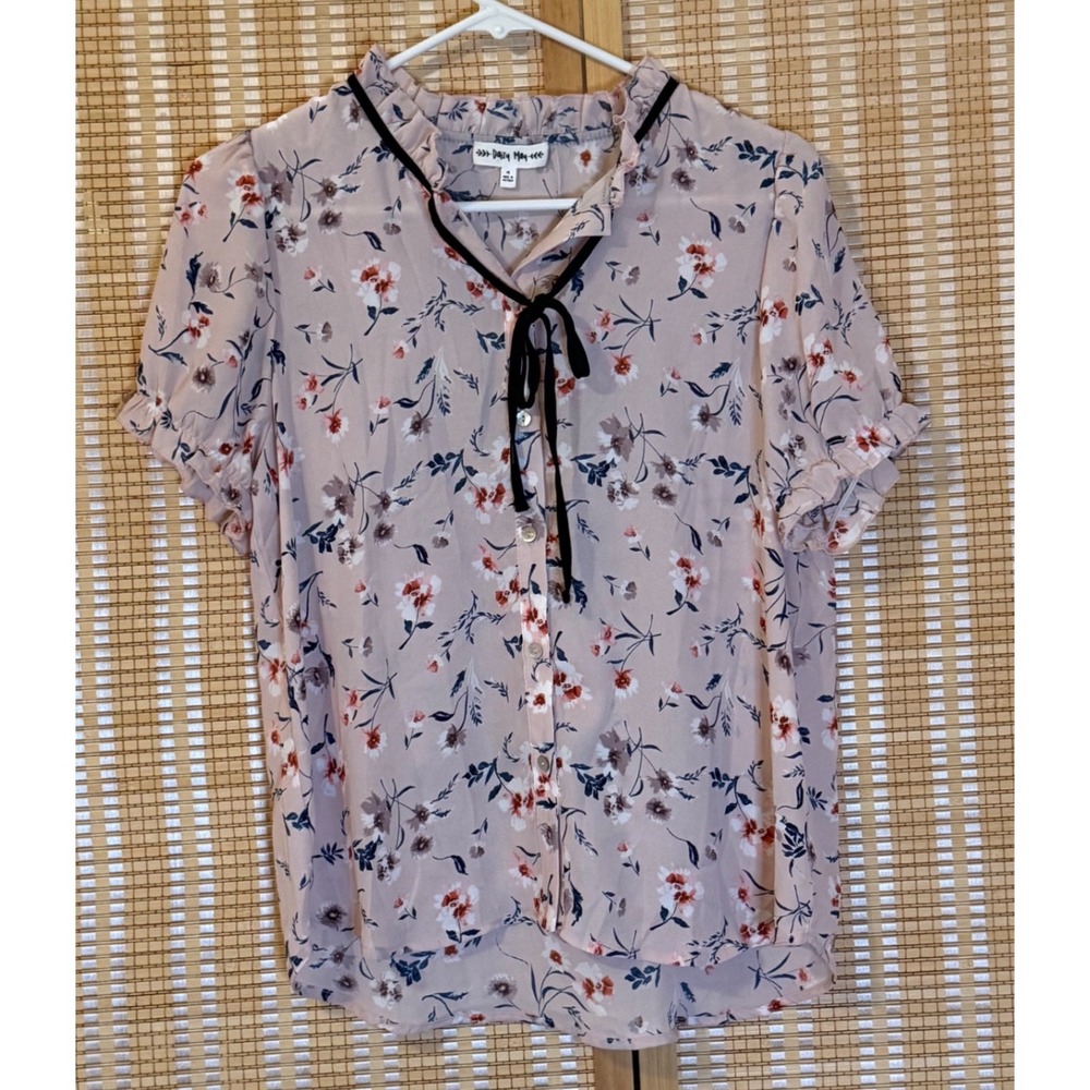 Daisy May Womens Floral Ruffle Tie Neck Blouse Pink Short Sleeve Top Cottagecore